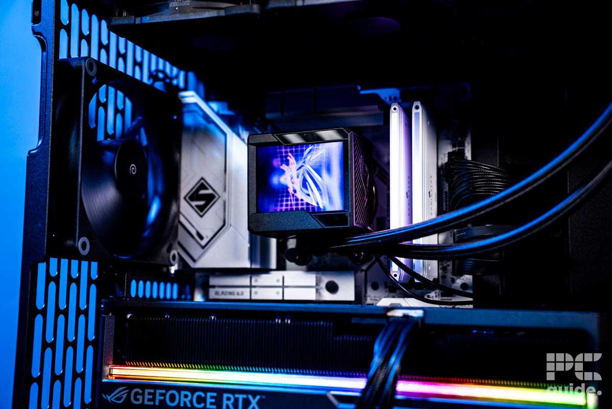 The inside of the HAVN BF 360 Flow case featuring a back fan, AIO, GPU, and motherboard.