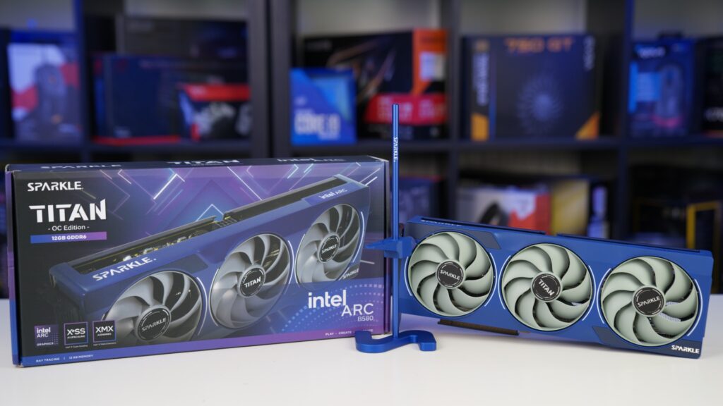 Sparkle Intel Arc B580 Titan OC graphics card with box and anti-sag bracket, image by PC Guide