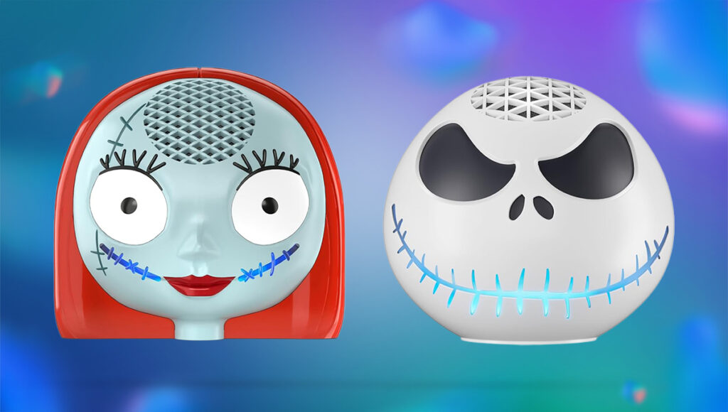 A blue and purple bubbly background with two encased echo dot speakers. The one on the left is Sandy and the right is Jack from nightmare before Christmas.