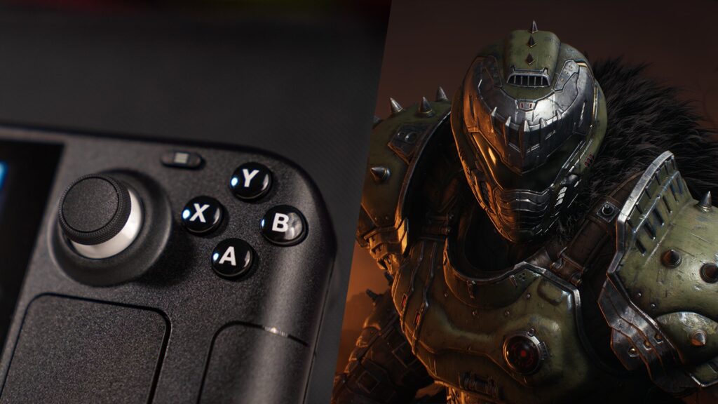Steam Deck with DOOM The Dark Ages screenshot splitscreen