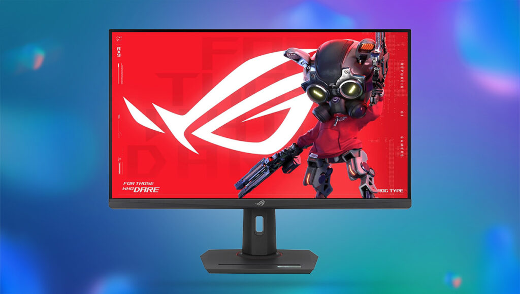 A blue and pruple bubbly background, in the foreground is a black single wide base monitor. On the display is a red background of the ROG logo with a masked robot with guns on the right.