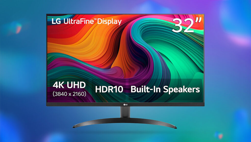 A blue and purple bubbly background. In the foreground is an LG display with a curved stand. On display is a colorful wave, with the name and specs of the monitor written around the edge.