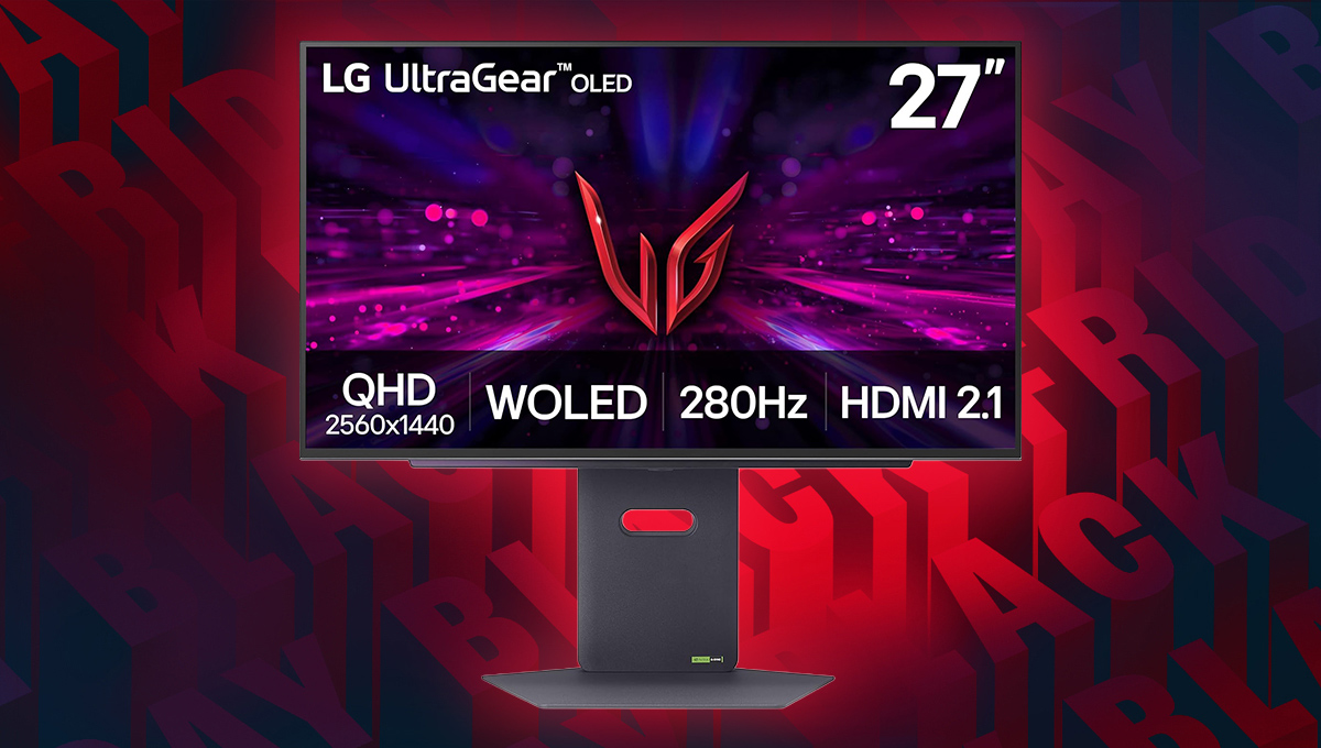 A background of Black Friday wrtiting in red and black repeated. In the foreground there is a single wide stand LG Ultragear OLED 27GX700A-B. ON screen it as an LG logo, the name and specs of the display.