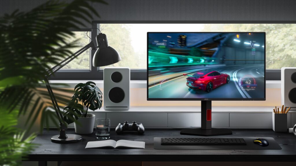 AOC gaming monitor with racing game on screen