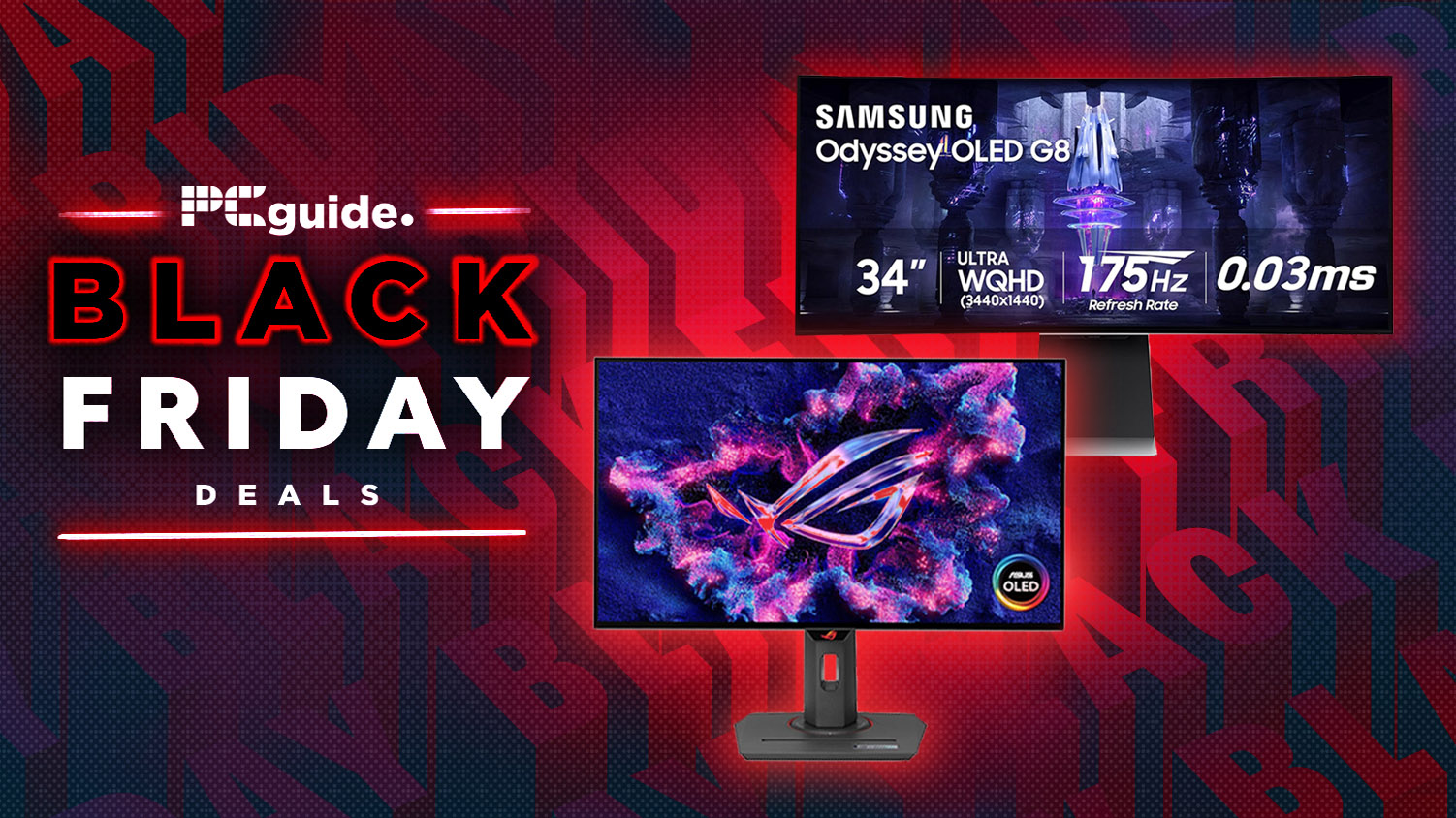 Black Friday banner, alongside black friday logo, with two photographs of gaming monitors in the foreground