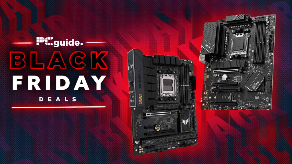 images of an ASUS TUF motherboard and MSI motherboard against a Black Friday background, next to a logo
