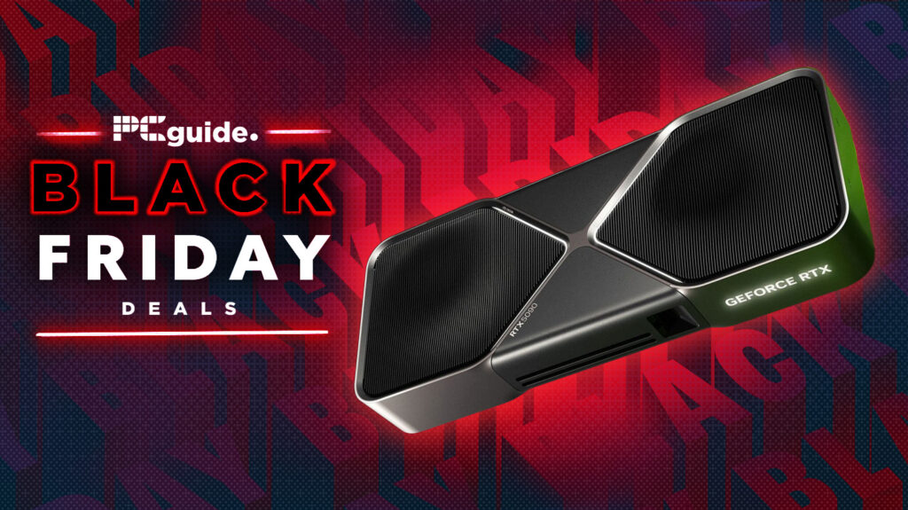A backgrfound of black and red Black Friday writing, in the fgoreground is a founder's Edition RTX 5090 and the words " PC Guide Black Friday deals"