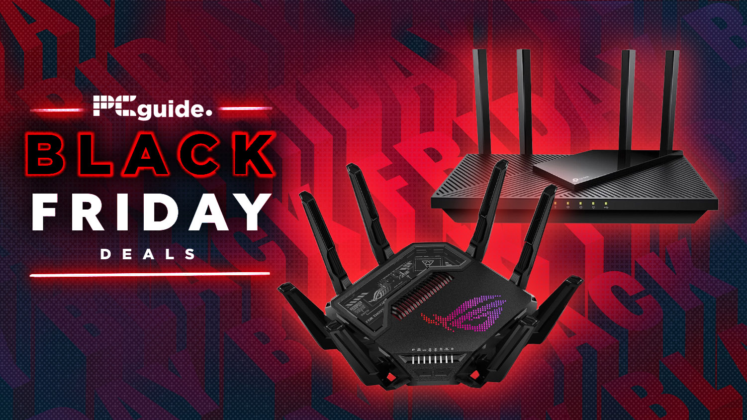 Two different router models pictured in front of a Black Friday banner, next to a Black Friday deals logo