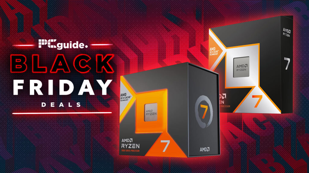 Two photos of AMD Ryzen processors against a Black Friday background with a logo alongside