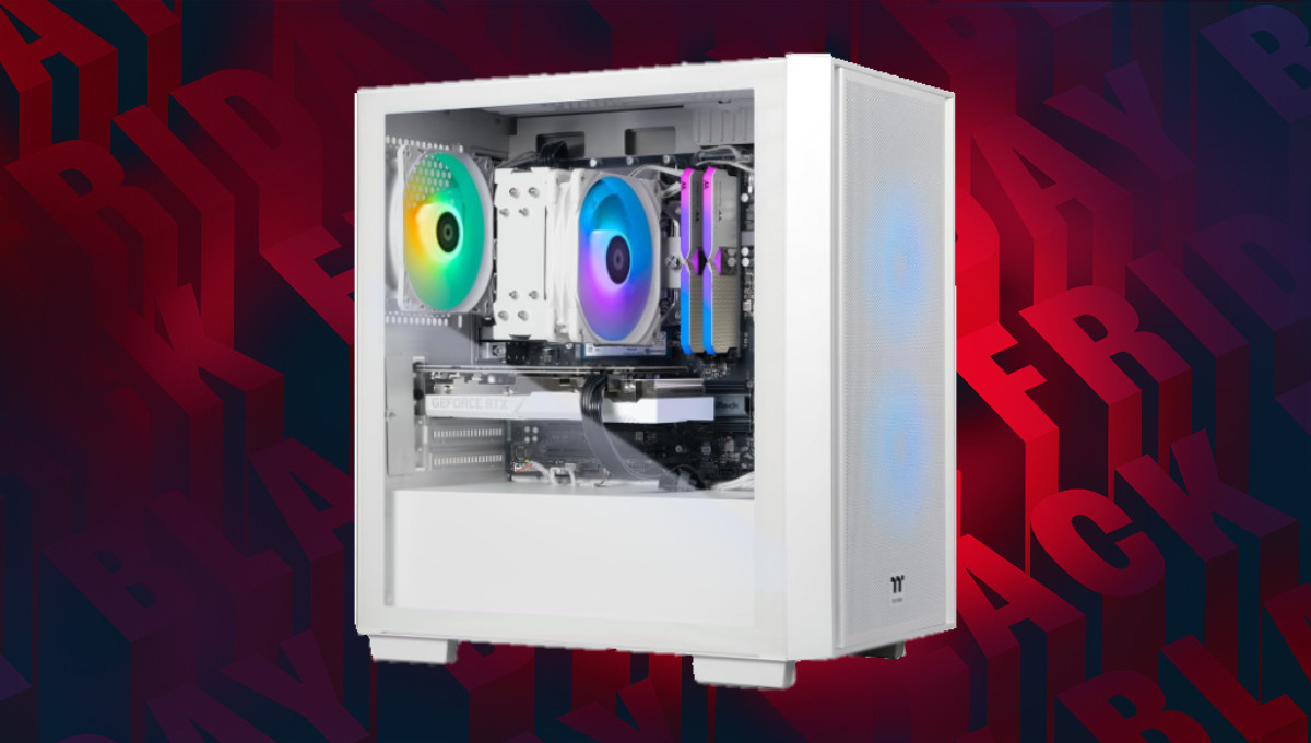 A background of Black Friday wrtiting in red and black repeated. In the foreground there is a white gaming PC with RGB components inside.