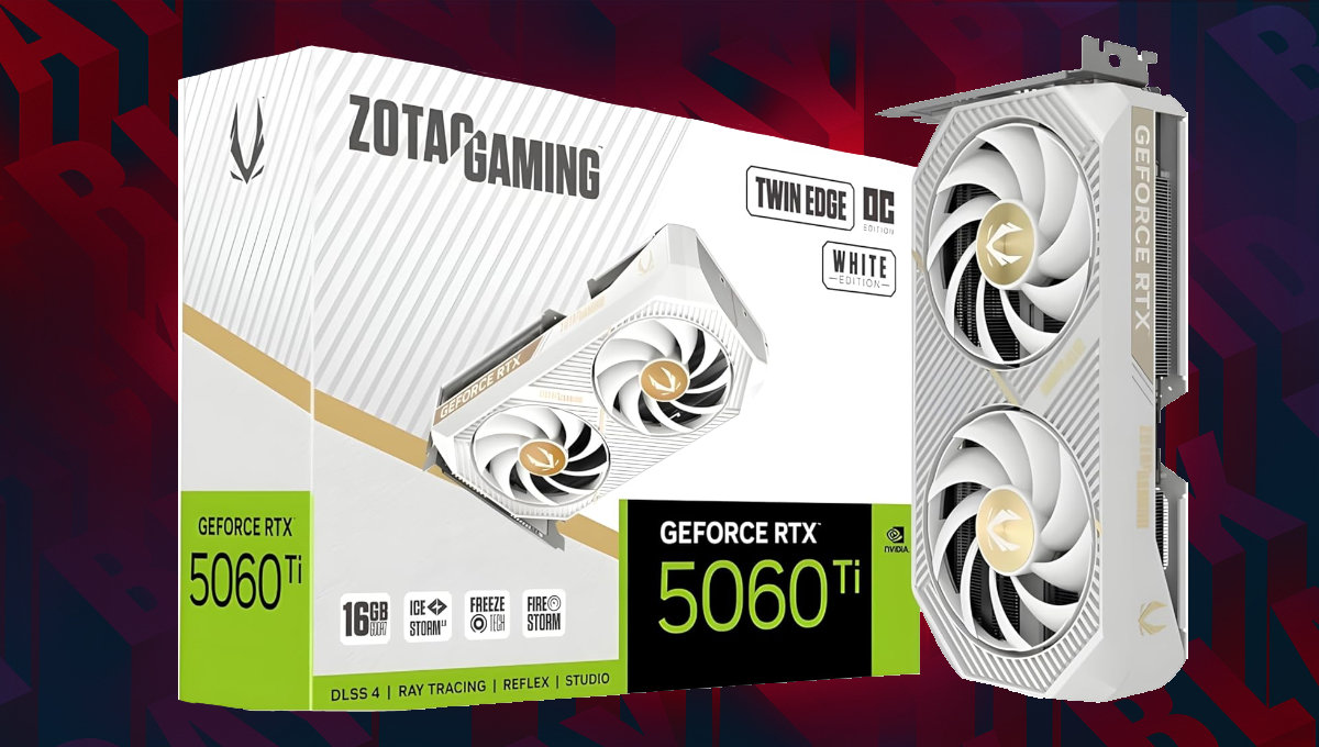 A background of Black Friday wrtiting in red and black repeated. In the foreground there is a two fan white Zotac RTX 5060 Ti GPU on the right, the box for it on the left.