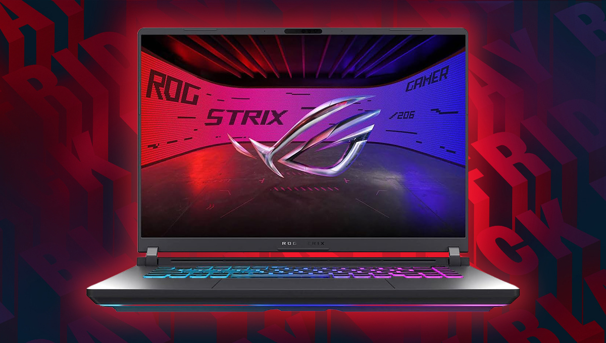 A background of Black Friday wrtiting in red and black repeated. In the foreground there is an ASUS ROG Strix G16 2025 model gaming lapotp. A black chassis angled left with RGB keyboard lights and with ROG strix logo and wallpaper on display.