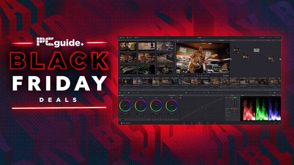 A screengrab of Davinci Resolve editing software alongside a Black Friday logo