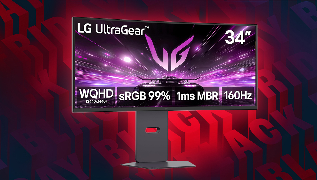 A background of Black Friday wrtiting in red and black repeated. In the foreground there is a tall single stand monitor that has a wide baase with a slot in the stem. On the wide screen it has the name and model with specs on it, with the LG logo and purple streaks and car.