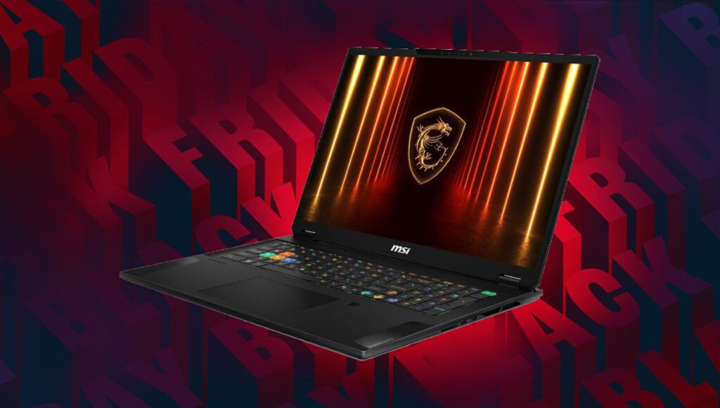A background of Black Friday wrtiting in red and black repeated. In the foreground it has a black MSI Stealth 18-inch laptop at an angle.
