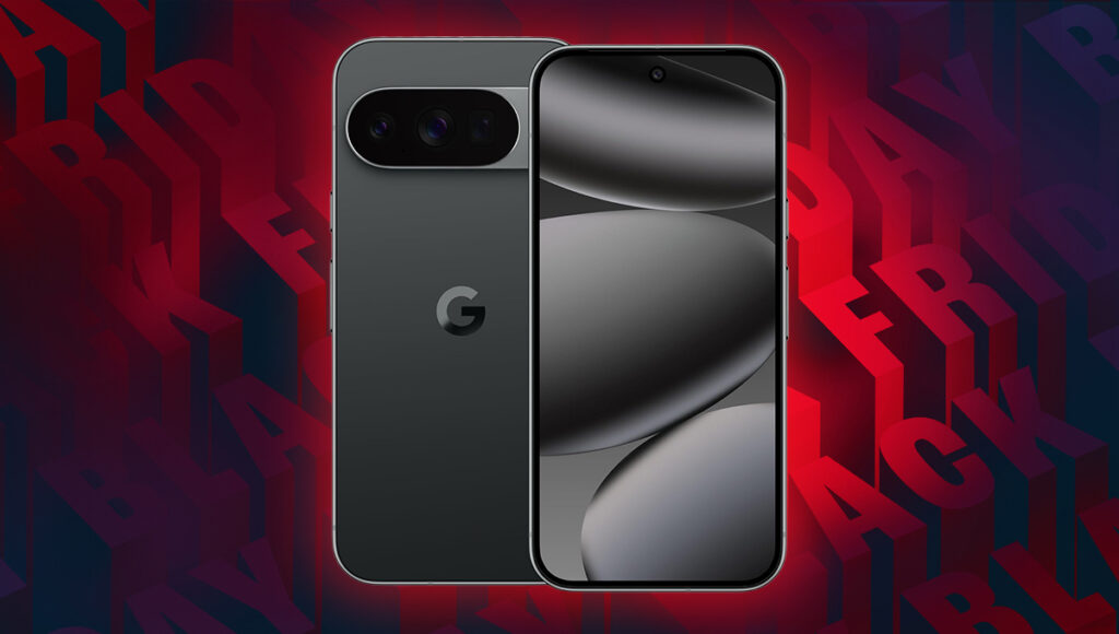 A background of Black Friday wrtiting in red and black repeated. In the foreground there is a front and back of the black Google Pixel 10 Pro
