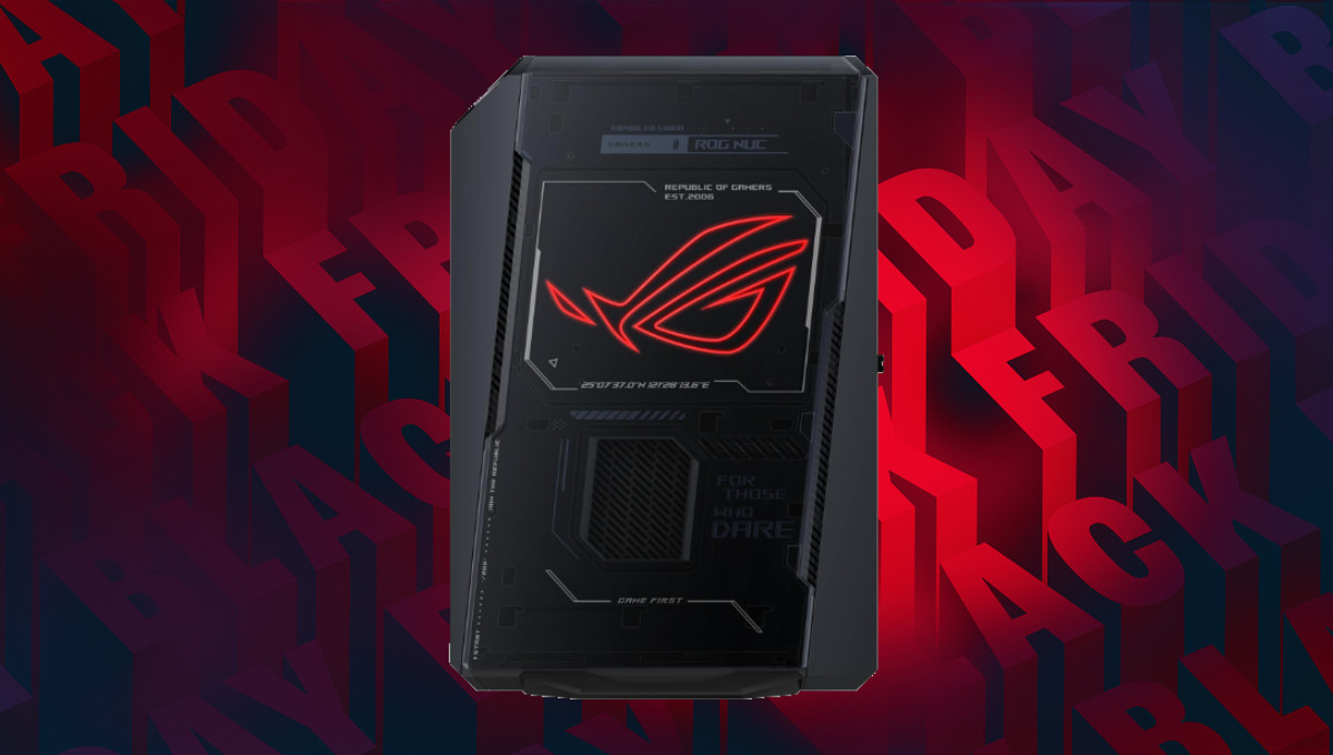 A background of Black Friday wrtiting in red and black repeated. In the foreground there is a black Minin PC from the side with a red ROG logo prominent