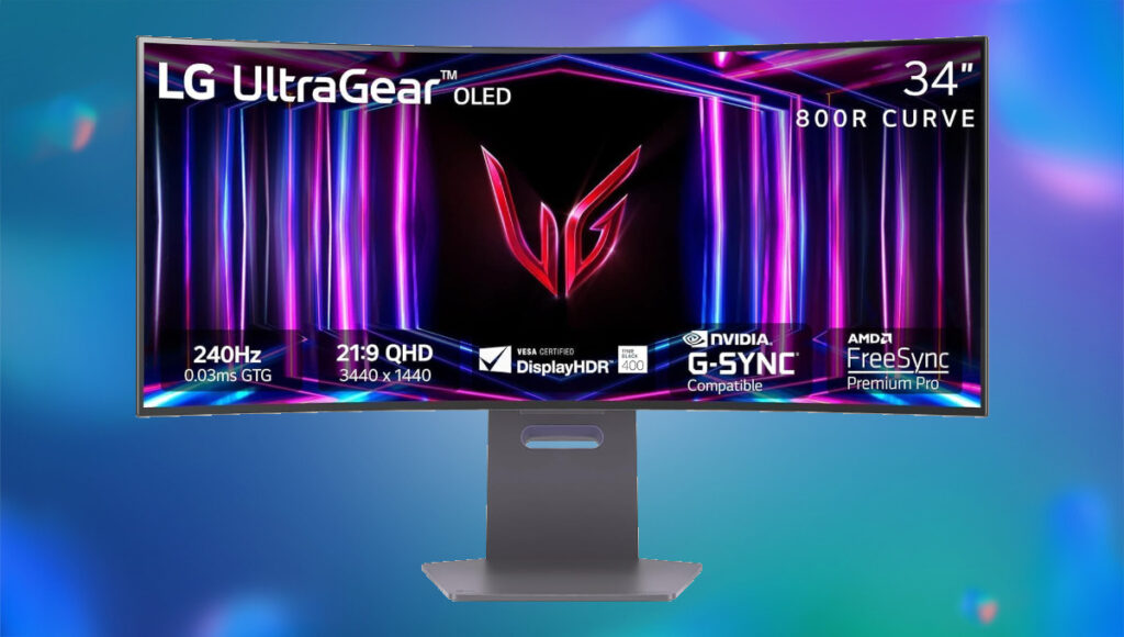 A blue and purple bubbly background. In the foreground there is a LG 34GS95QE OLED curved gaming monitor. It has a single wide silve stand, on the display there is the specs written around the edge, with a red LG logo in the middle wiht purple and blue lighting around it.
