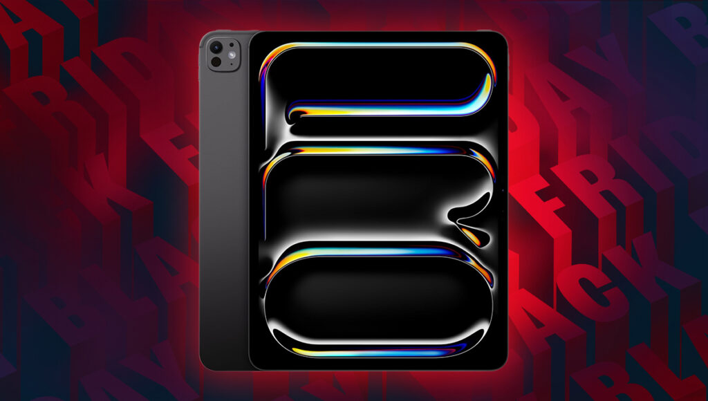 A background of Black Friday wrtiting in red and black repeated. In the foreground there is a space black Apple iPad Pro 13, with the screen on the reight featuring colorful bubbles spelling out PRO down the cssreen. On the left is a gglimps of the back showing off the cameras on the back.