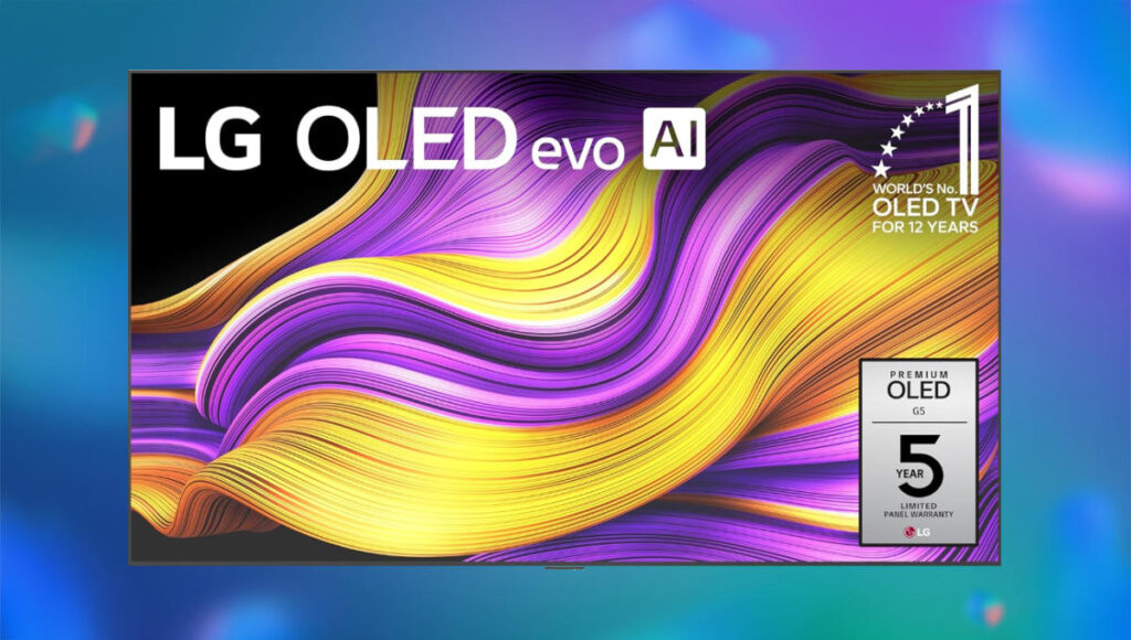 A blue and purple bubbly background. In the foreground there is a LG OLED evo AI G5 with name on screen and purple and yellow waves.