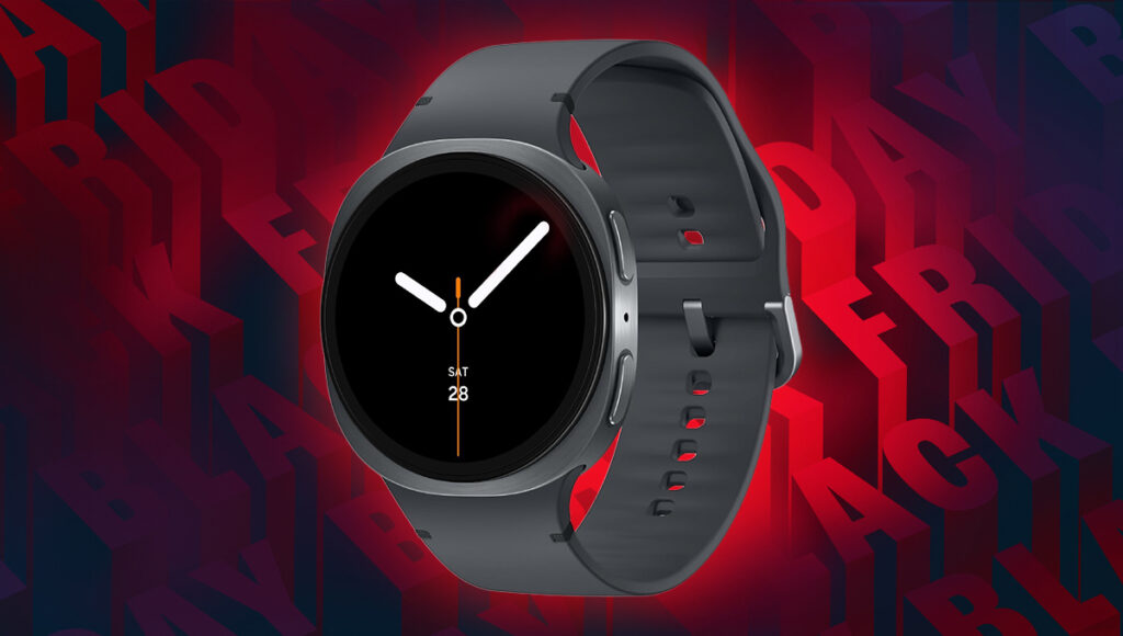 A background of Black Friday wrtiting in red and black repeated. In the foreground there is a black Samsung Galaxy Watch 8 with face featuring a baic clock face with the date too