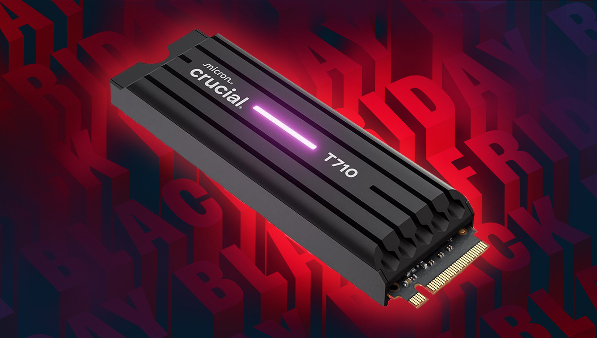 A background of Black Friday wrtiting in red and black repeated. In the foreground there is a micron crucial T710 NVMe SSSD with a heatsink and light in the middle between the brand and model name on it