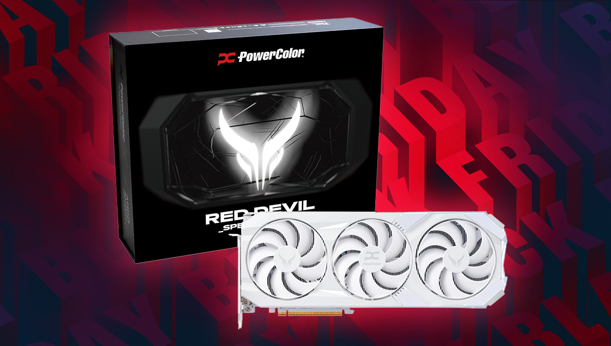 A background of Black Friday wrtiting in red and black repeated. In the foreground there is a white three fan RX 9070 XT, with the black box behind it reading PowerColor Red Devil