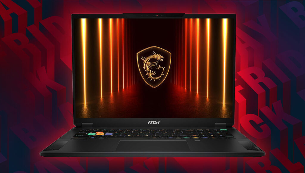A background of Black Friday wrtiting in red and black repeated. In the foreground there is a black MSI laptop chassis front with a standard keybaord with a highlighted WASD with the screen showing the MSI logo and light pillars