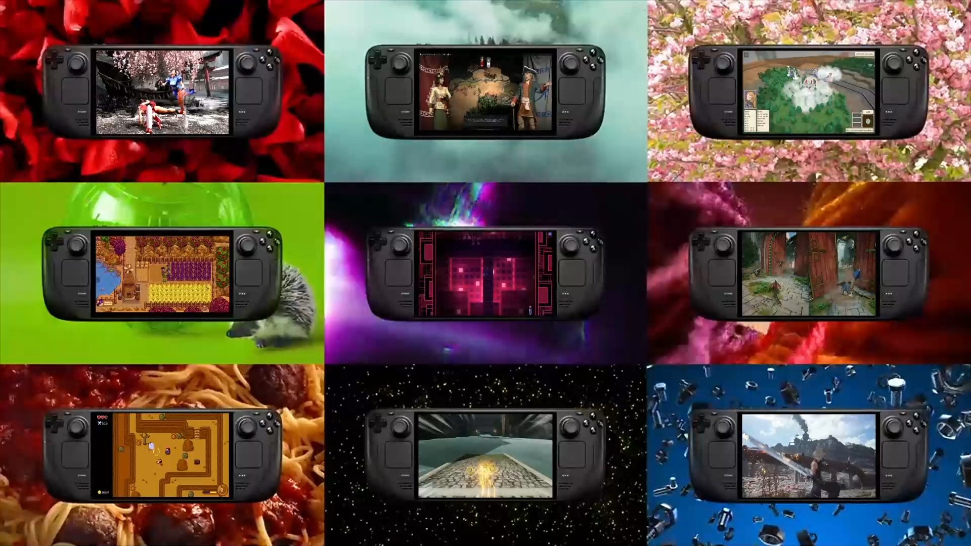Steam Deck advertisement with nine handhelds & games
