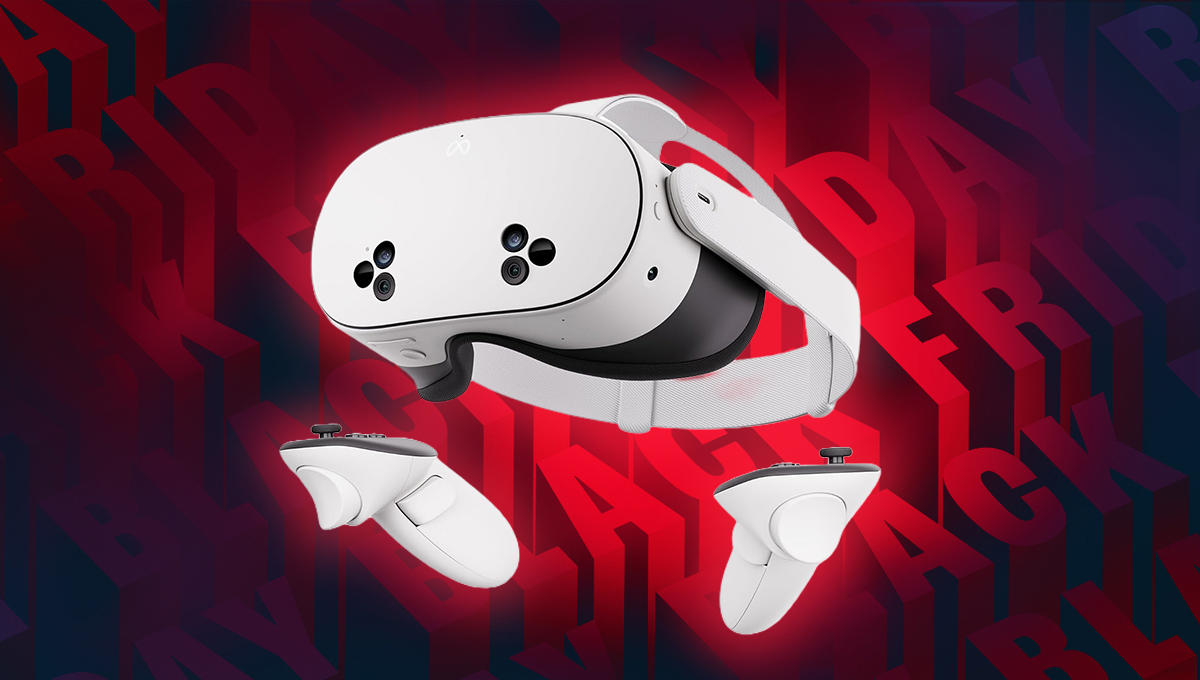 A background of Black Friday wrtiting in red and black repeated. In the foreground there is a white Meta Quest 3S. The standalone headset looking left at the top with six fron cameras at the front a strap either side and one on top. Below it there are two hand controlls with trigger, joysticks and buttons.
