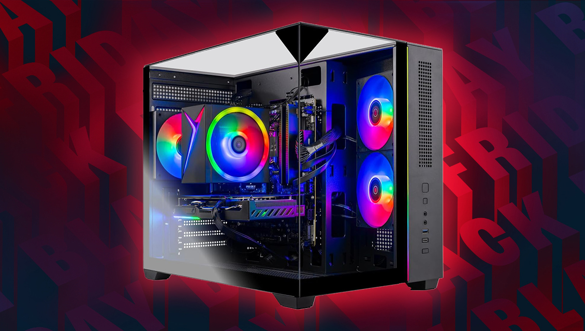 A background of Black Friday wrtiting in red and black repeated. In the foreground there is a cube shaped PC case, with glass front facing panels, and with RGB components lit up inside.