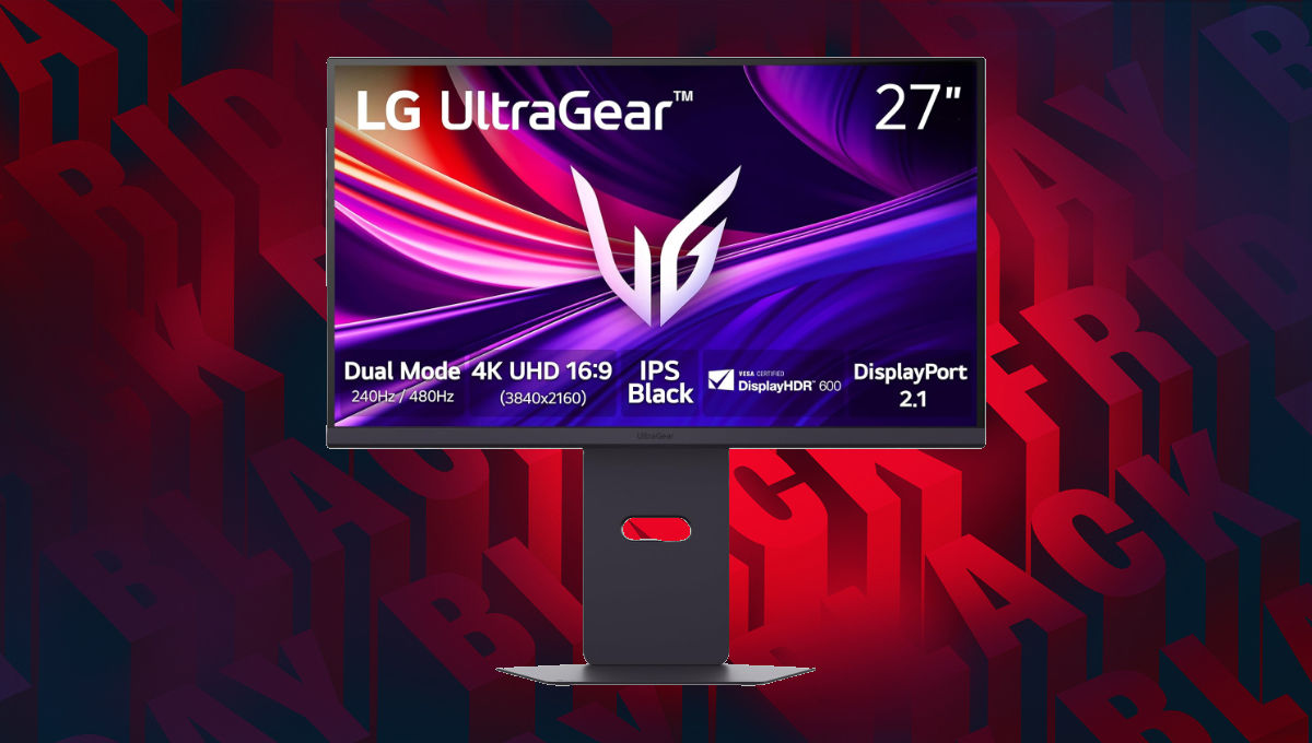 A background of Black Friday wrtiting in red and black repeated. In the foreground there is a black single stnad tall monitor, with a slot in stand on the display are the specs and LG ULtragear lgoo with purple waves