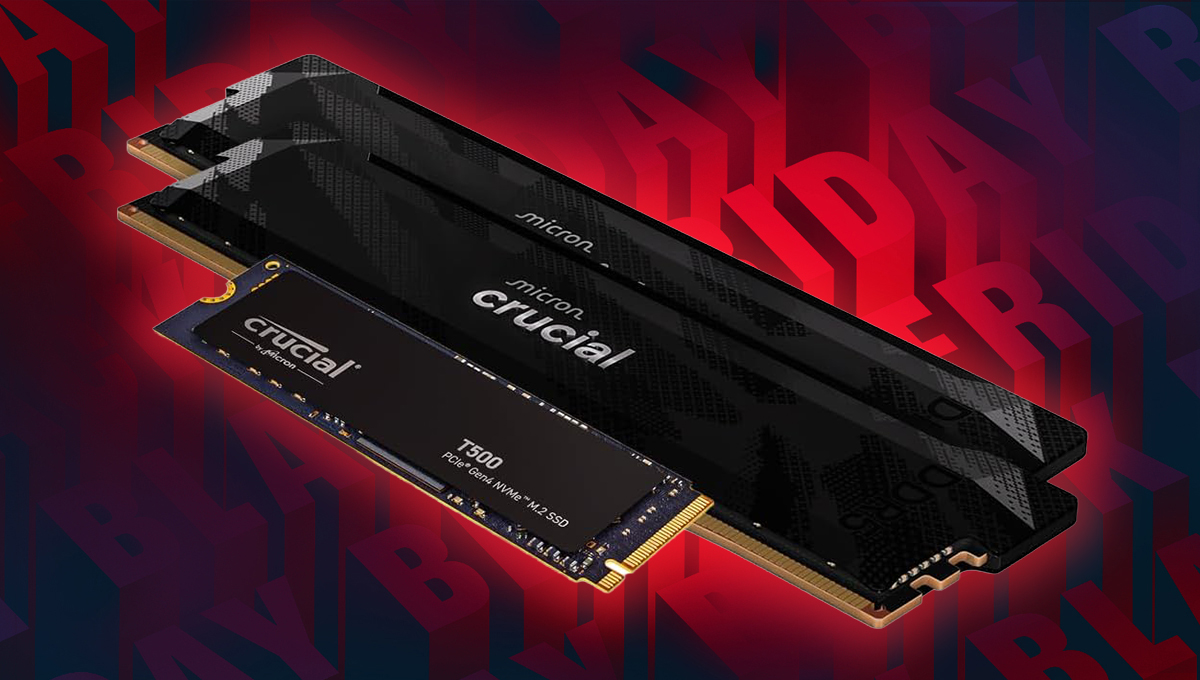 A background of Black Friday wrtiting in red and black repeated. In the foreground there are two black sticks of DDR5 micron crucial DDR5 ram, next to them is a Crucial T500 NVMe SSD