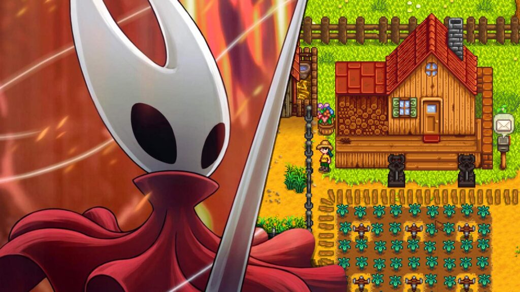 Hollow Knight Silksong and Stardew Valley art splitscreen