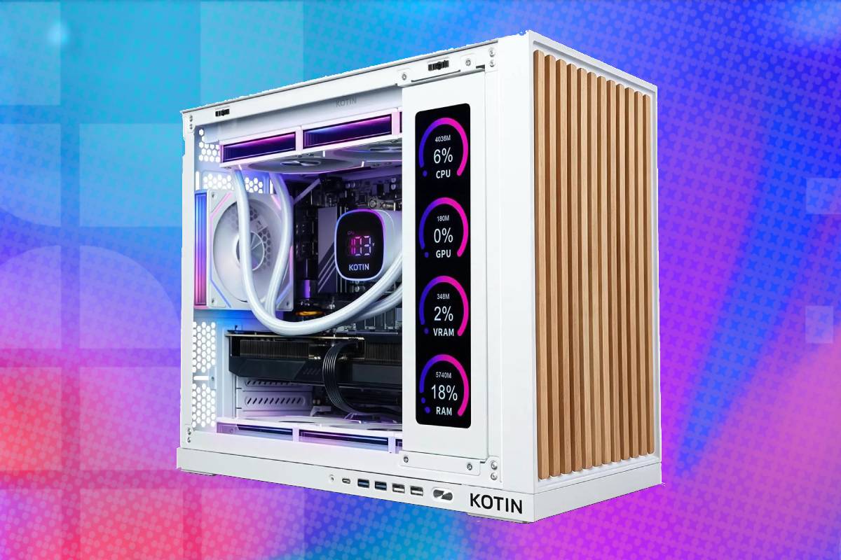 White RTX 5070 Ti and Ryzen 9800X3D gaming PC with wood panel front and ...