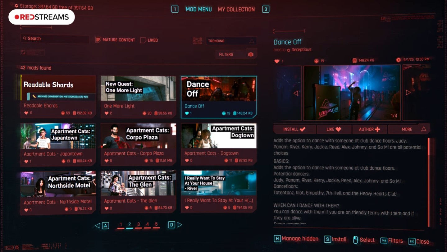 Cyberpunk 2077 Update 2.5 in-game mod browser menu
